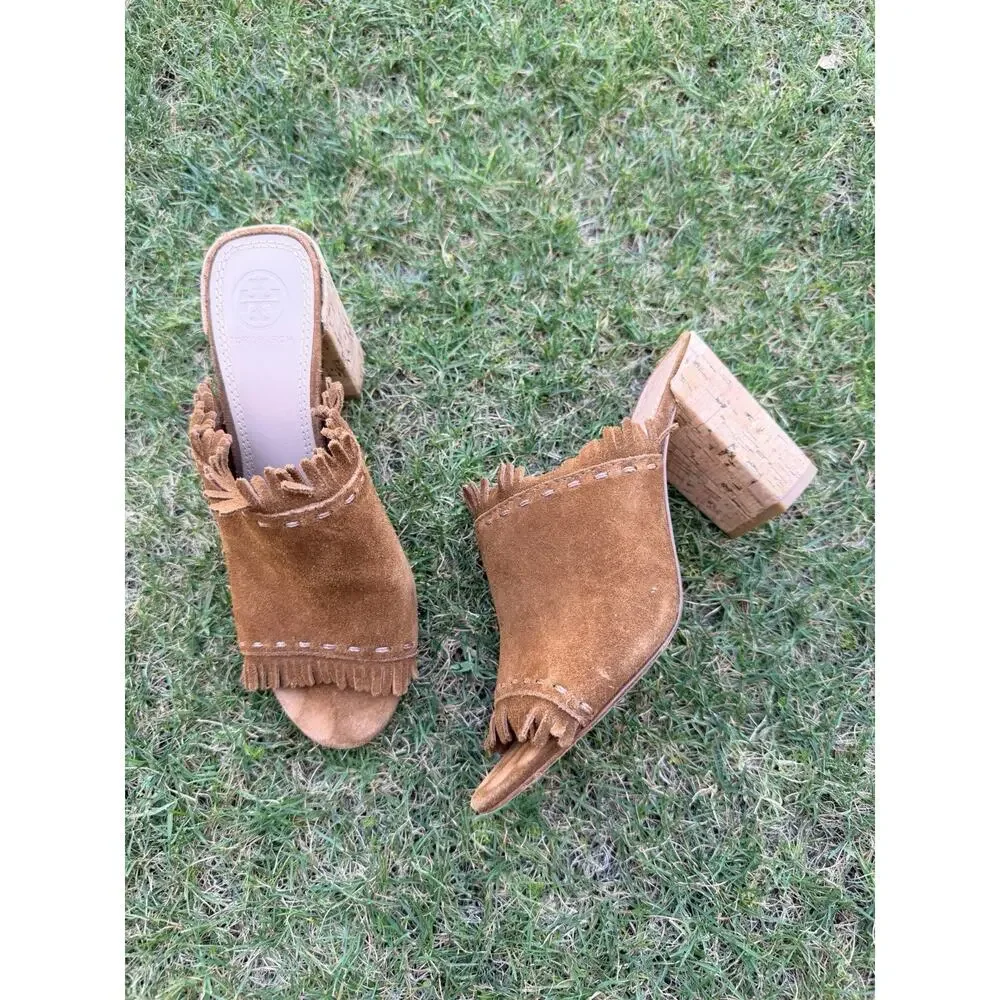 TORY BURCH Huntington Suede Fringe trimmed Brown heels Mules shoes Sz 6.5